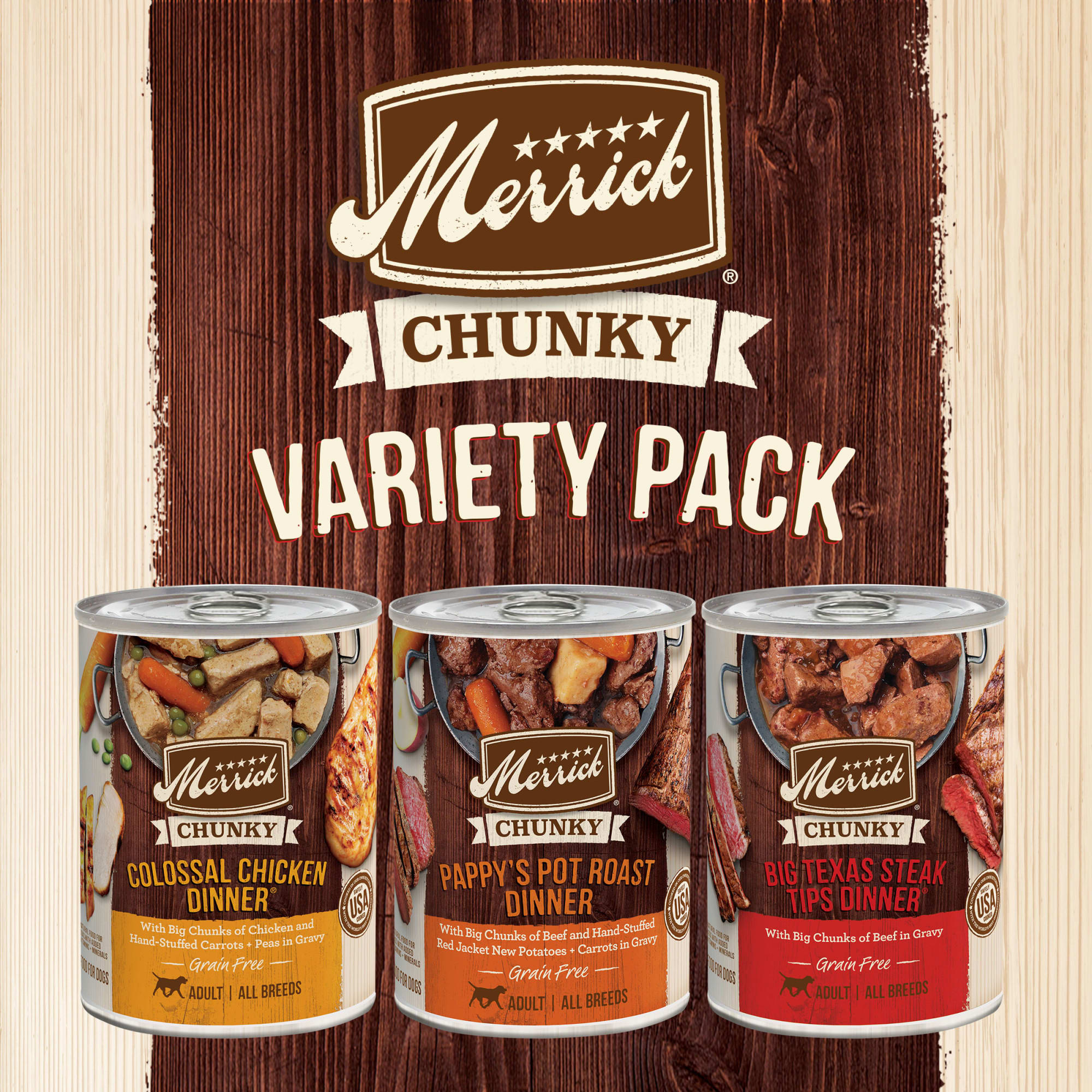 Merrick Chunky Recipes Grain Free Wet Dog Food Variety Pack， 12.7 oz.， Count of 12