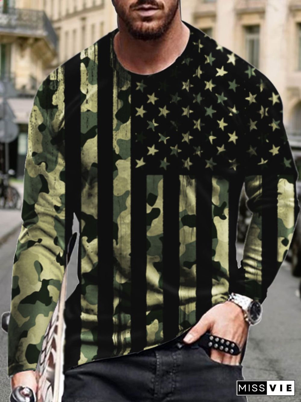 Men's Cross American Flag Elements Graphic Print Round Neck Long Sleeve Tee