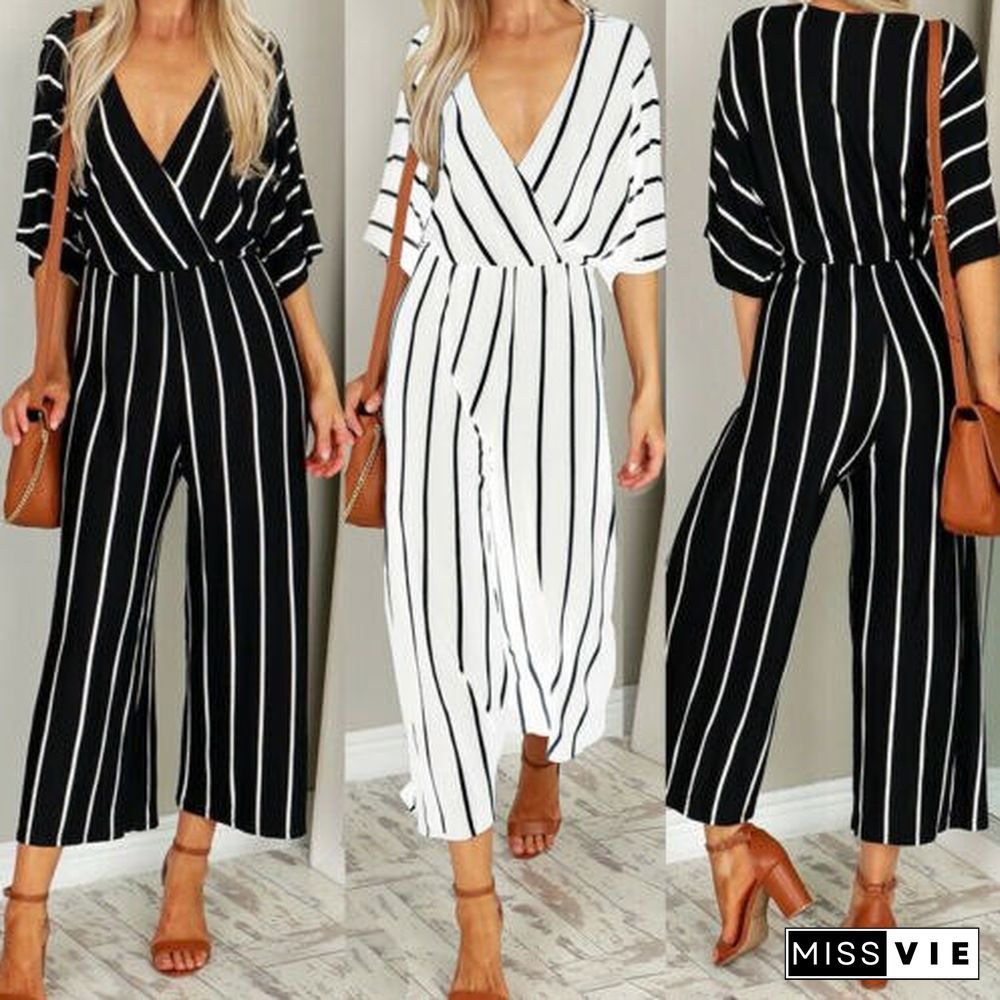 Wide Leg Pants Jumpsuit Ladies Half-sleeved Striped Loose Loose Trousers Jumpsuit Overalls