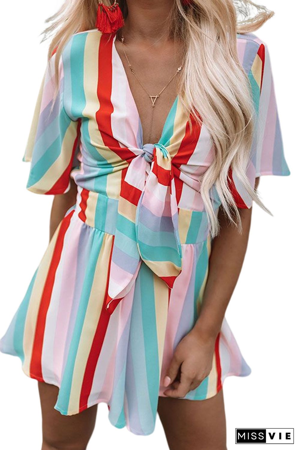 Multicolor Stripe Print Tie V Neck Flowy Romper