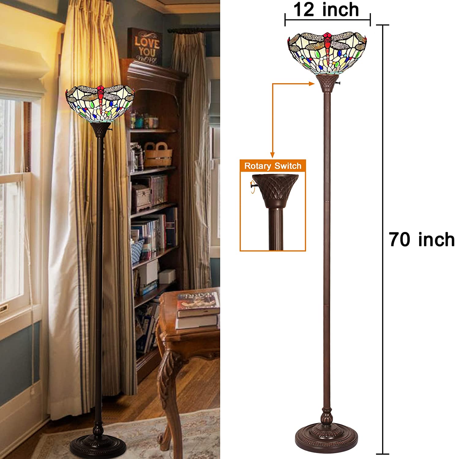 BBNBDMZ Tiffany Torchiere Floor Lamp Industrial Dark Bronze Pole Dragonfly Style Grapefruit Orange Stained Glass Standing Torch Up Light for Living Room Bedroom Office