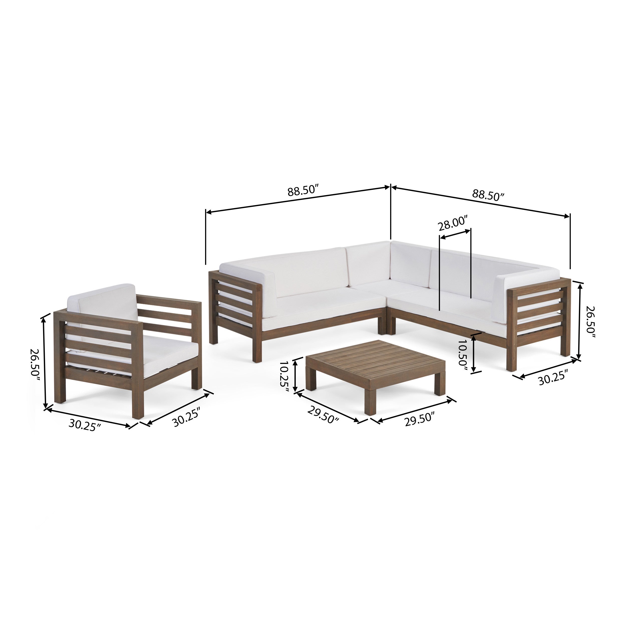 Emma Outdoor 6 Seater Acacia Wood Sectional Sofa and Club Chair Set