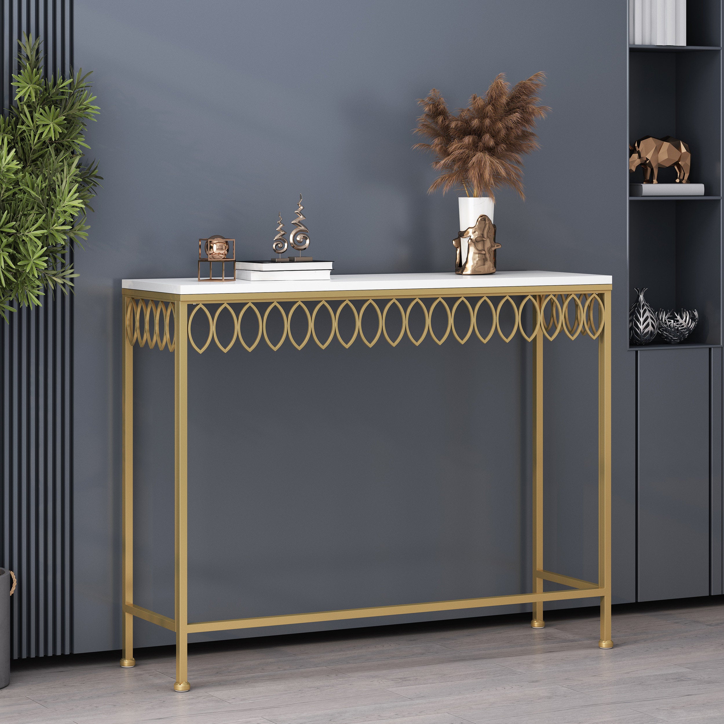 Cavanaugh Modern Glam Console Table with Petal Accents, Gold and White