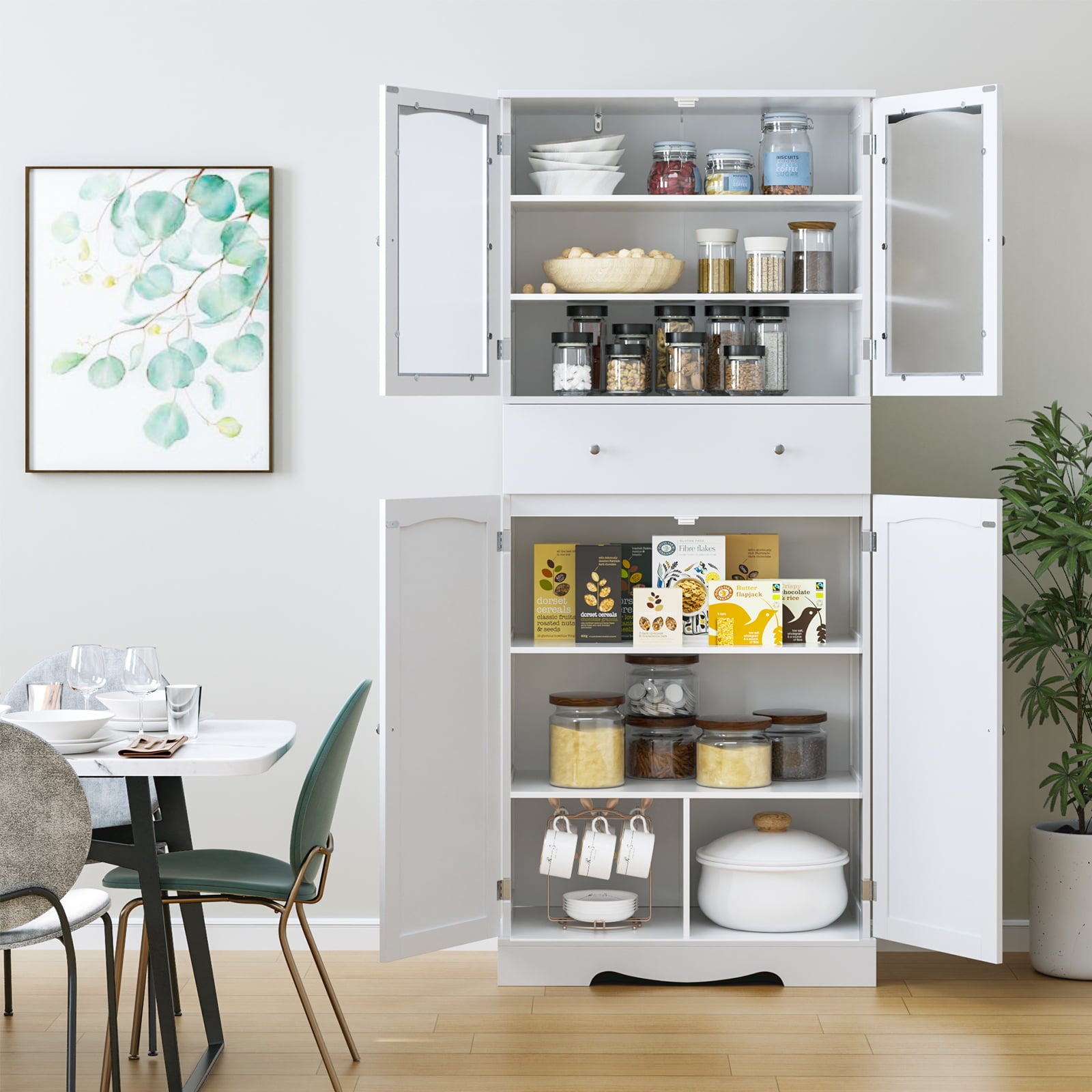 Homfa Tall Kitchen Pantry with 4 Doors， Free Standing Storage Cabinet for Dining Room， White