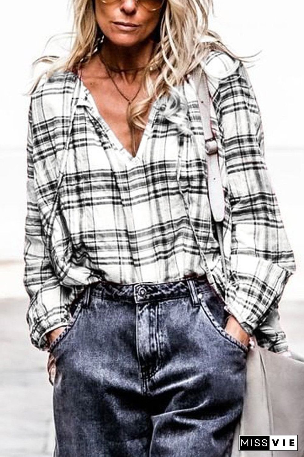 Plaid Print V-Neck Long Sleeve Blouse