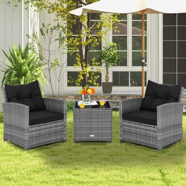 3Piece Outdoor Wicker Patio Furniture Set with Tempered Glass Coffee Table