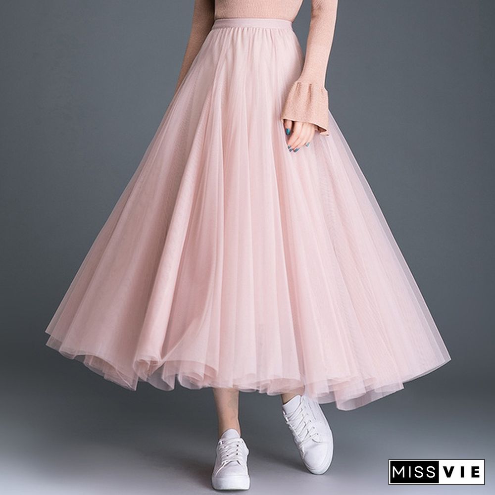 Tulle Skirts Womens Midi Pleated Skirt Black Pink Tulle Skirt Women Spring Summer Korean Elastic High Waist Mesh Tutu Skirt