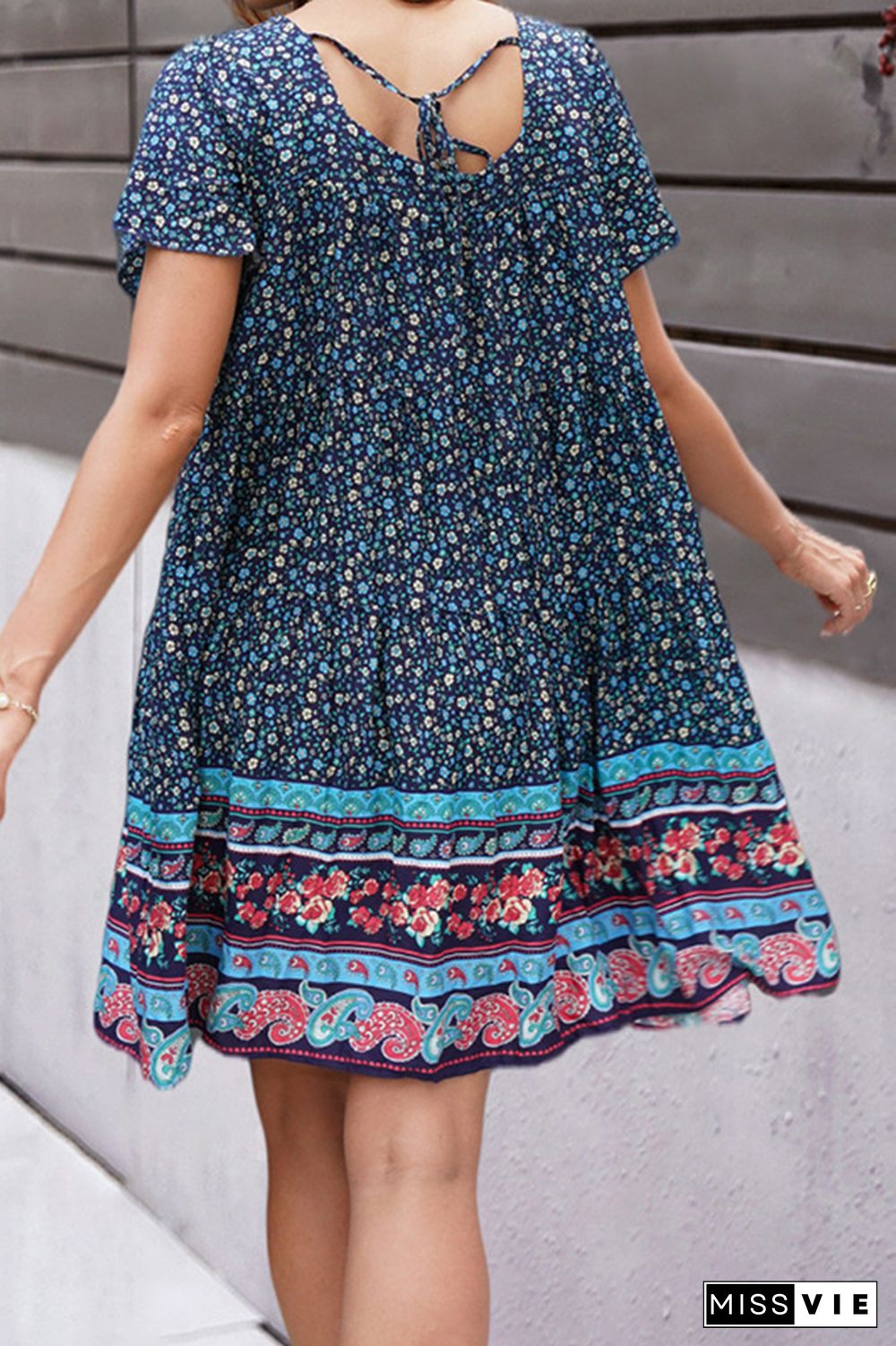 Vintage Print Square Collar Short Sleeve Midi Dress Wholesale