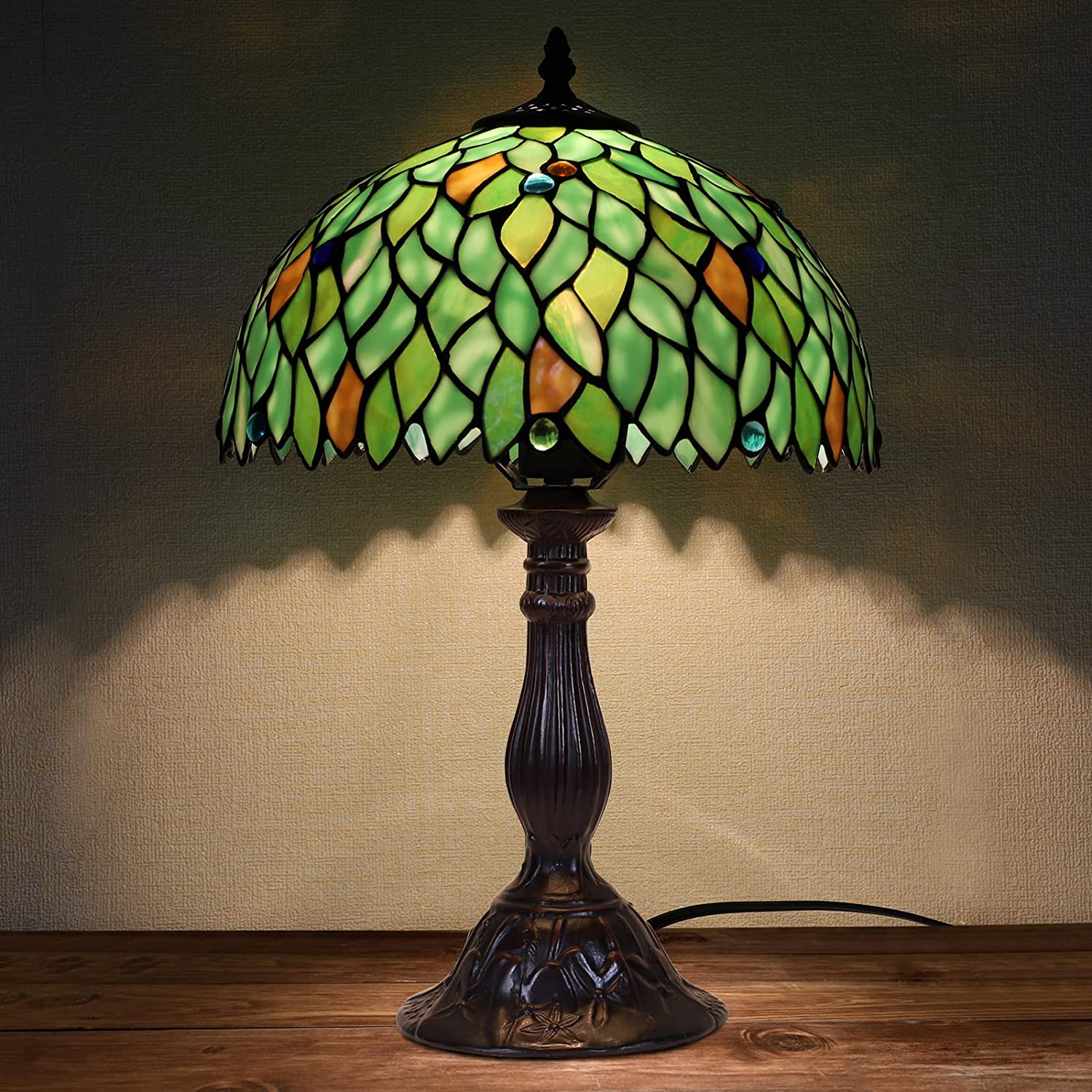 YELROL  Lamp Table Lamp Stained Glass Leaf Bedside Lamp Reading Desk Light for Bedroom Living Room Green 18\u201D Tall 1 PCS LED Bulb(2700K E26) Included Unique Gifts