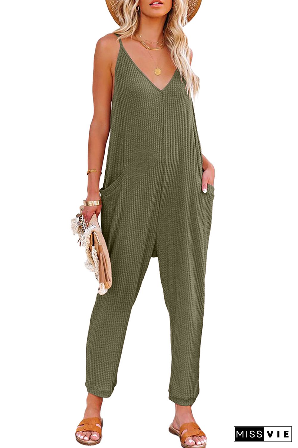 Green Textured Sleeveless V-Neck Pocketed Casual Jumpsuit