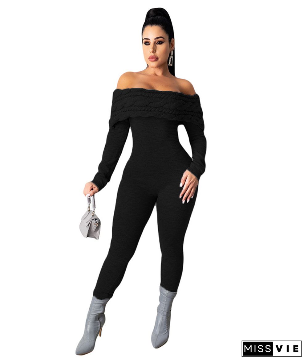 Off Shoulder Long Sleeve Knit Sweater Jumpsuit