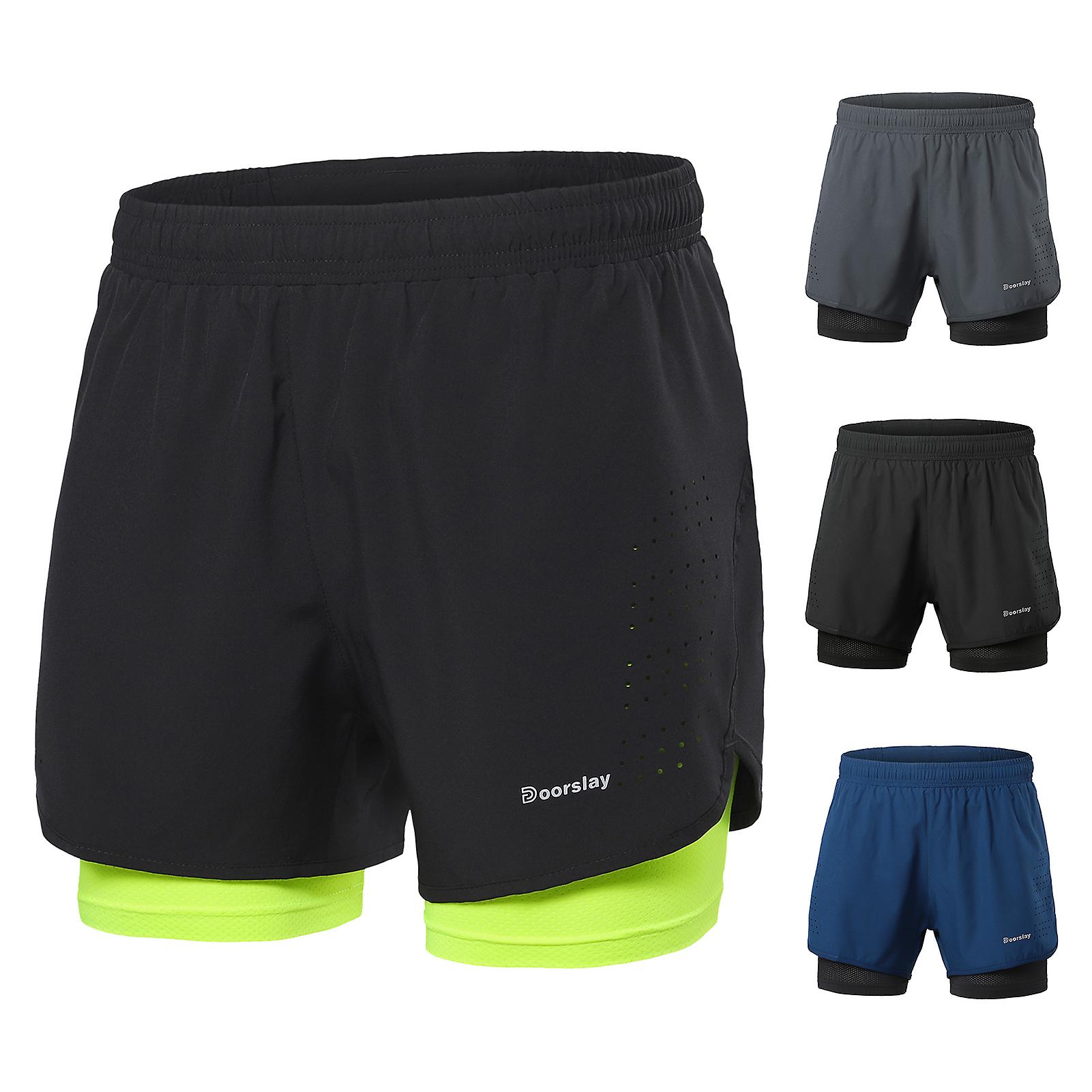 Doorslay Men's 2-in-1 Running Shorts Quick Drying Breathable Active Training Exercise Jogging Cycling Shorts With Longer Liner Green M