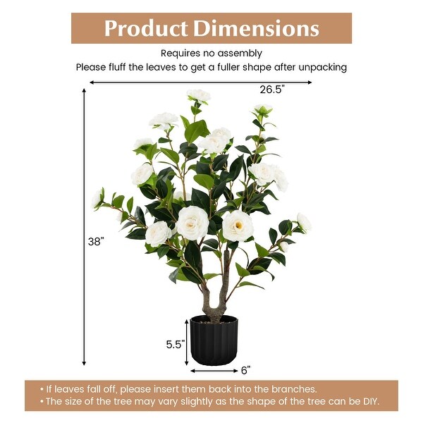 38 Inch Artificial Camellia Tree Faux Flower Plant in Cement Pot