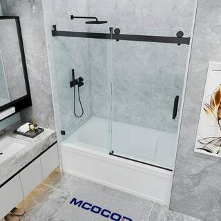 MCOCOD 60 in. W x 66 in. H Single Sliding Frameless Soft Close Tub Door in Matte Black with 38 in. (10 mm) Clear Glass SS08-60x66-BL