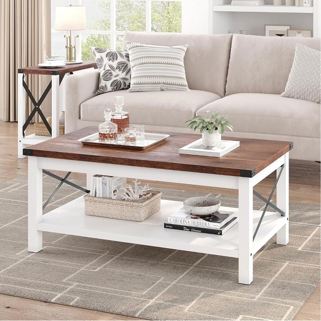 Trinity Farmhouse Coffee Table 2 tier Rustic Vintage Living Room Table With Shelf