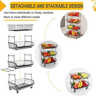 cadeninc Black 4-Tier StackableDetachable Metal Wire Storage Basket Cart with Rolling Wheels MIX-LQMS5-003