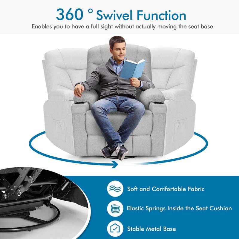 360° Swivel Electric Massage Recliner Rocking Chair Single Soft Sofa with Heater & Retractable Footrest