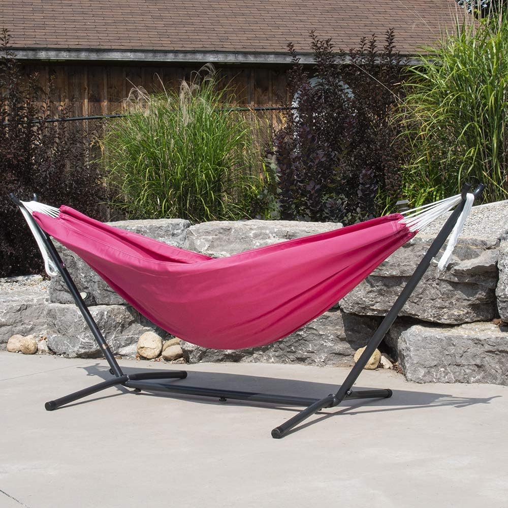 Double Cotton Hammock with Space Saving Steel Stand, Tropical (450 lb Capacity - Premium Carry Bag Included)