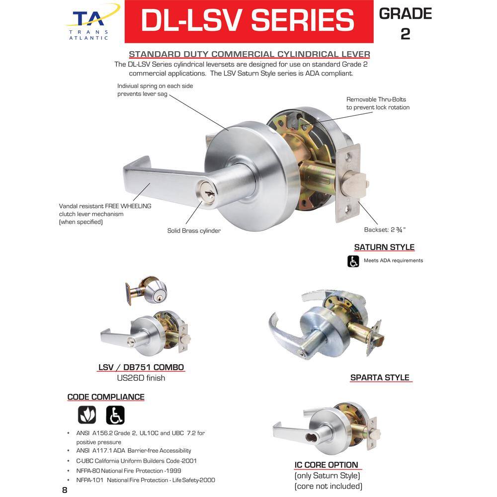 Taco LSV Saturn Standard Duty Brushed Chrome Grade 2 Commercial Cylindrical Storeroom Door Handle with Lock DL-LSV80-US26D