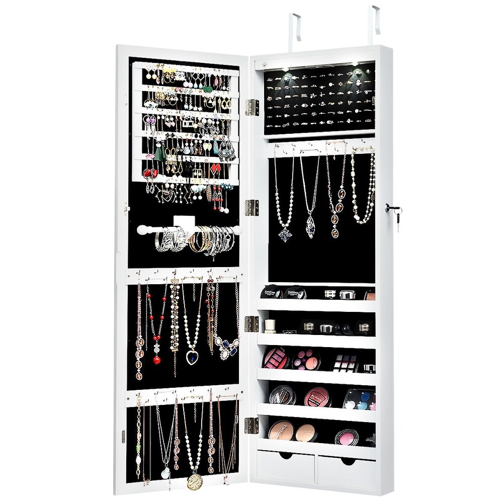 Costway Wall Mount Mirrored Jewelry Cabinet Organizer w/LED Lights