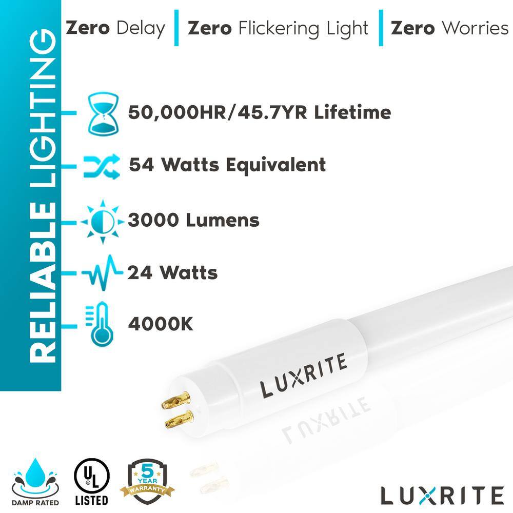 LUXRITE 4 ft. 24-Watt Linear T5 LED Tube Light Bulb Ballast and Ballast Bypass Compatible 4000K Cool White Damp Rated (12-Pack) LR34158-12PK