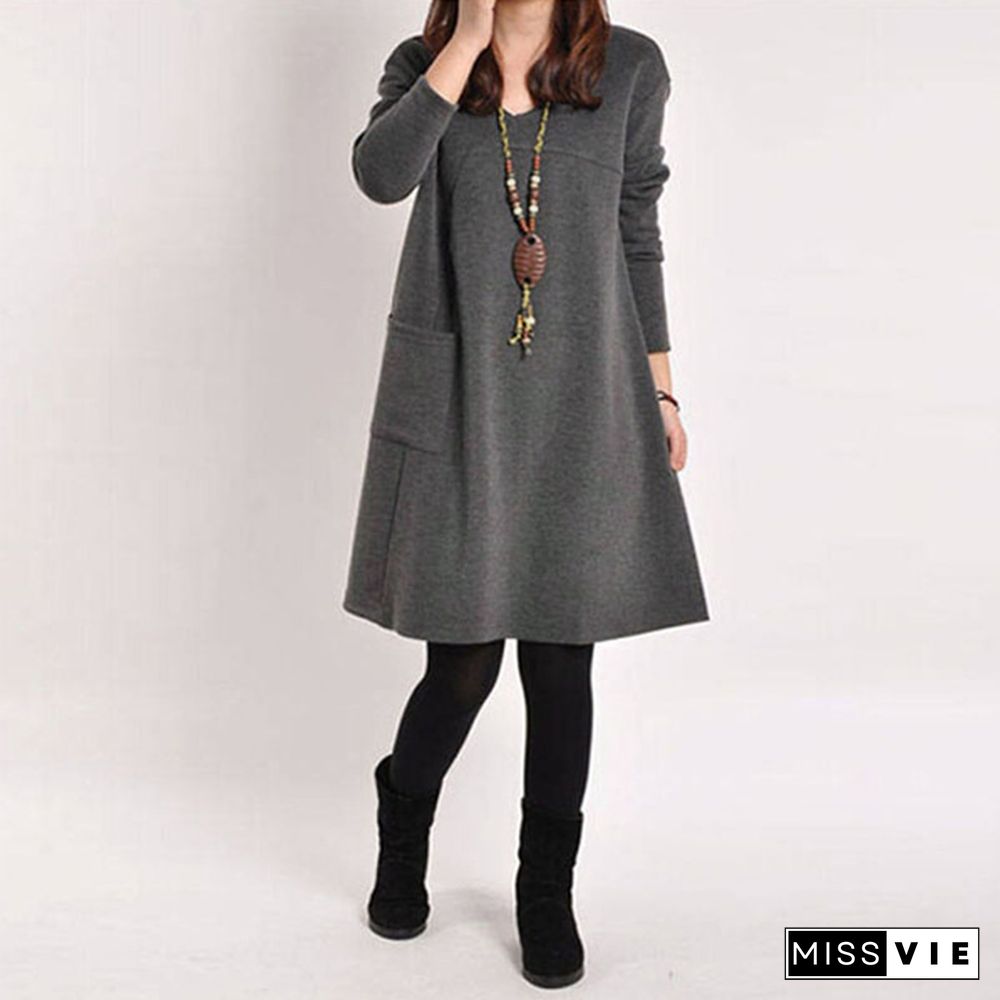 5 color Women Winter Long Loose Casual Cotton Pregnancy Dress Sleeve Pocket Tunic Tops