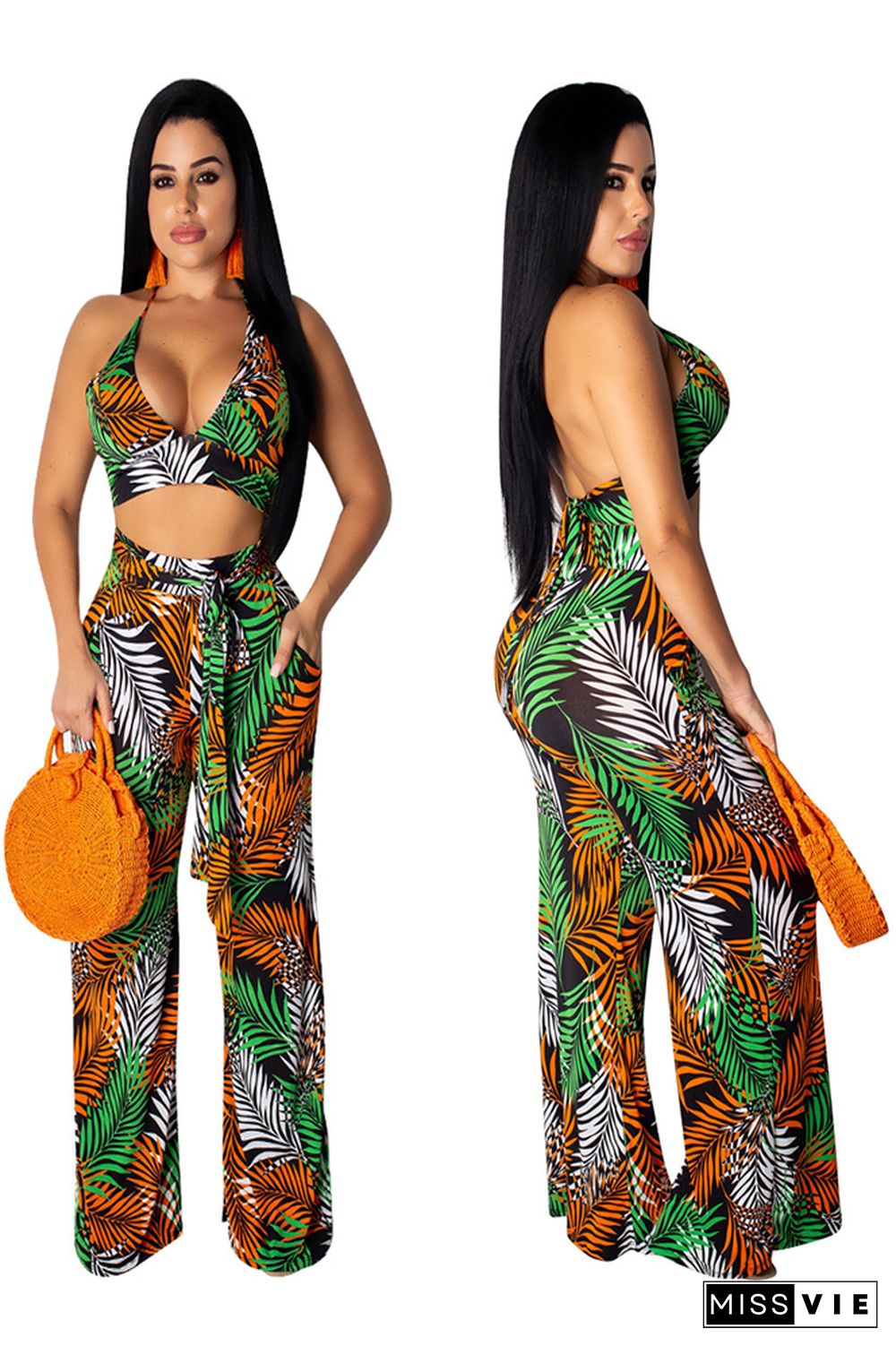 Multi-Color 2 Piece Outfits - Floral Jumpsuits Long Pants Sets Sleeveless Crop Tops