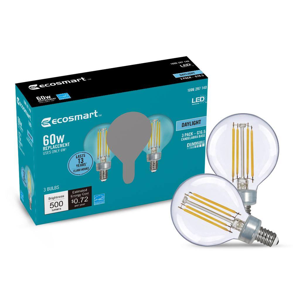 EcoSmart 60-Watt Equivalent G16.5 Dimmable ENERGY STAR CEC Filament LED Light Bulb Daylight (3-Pack) G16.5C6E12950Z