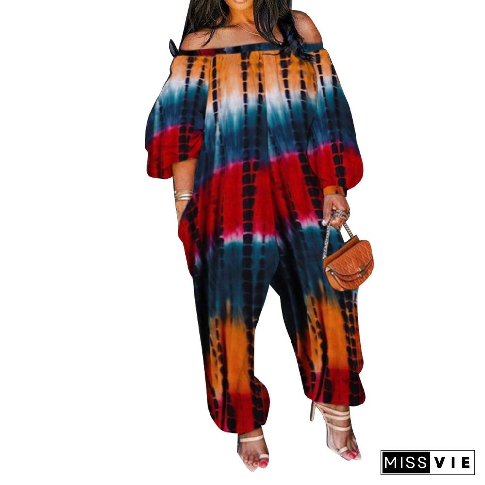 Women Streetwear Summer Pocket Design Lantern Sleeve Tie Dye Print Off Shoulder Plus Size Jumpsuit