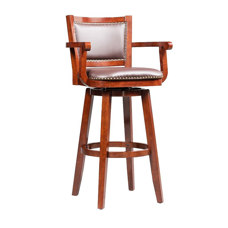 Hugo 34 Inch Swivel Barstool， Wood， Open Rolled Arms， Bonded Leather， Brown