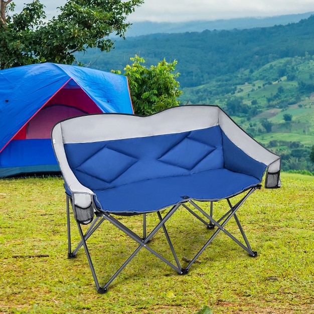 Costway Folding Camping Chair Loveseat Double Seat W Bags amp Padded Backrest Gray blue