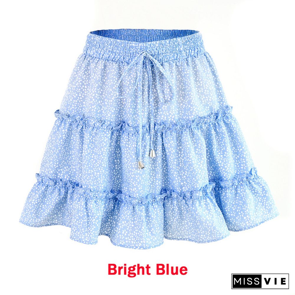 Women Fashion Casual Floral Short Skirts Summer High Waist Pleated Beach Skirt