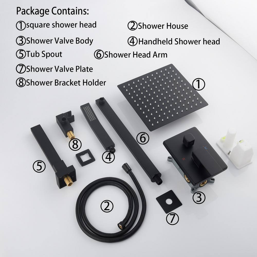 Magic Home 1-Spray 11.8 in. Square Hand Shower and Showerhead from Wall Combo Kit with Slide Bar in Black (Valve Included) MH-KST-S312B