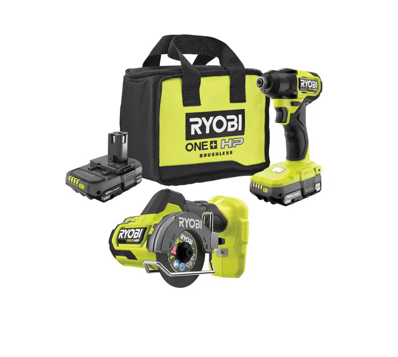 RYOBI PSBID01K-PSBCS02B ONE+ HP 18V Brushless Cordless Compact 1/4 in. Impact Driver and Cut-Off Tool， (2) 1.5 Ah Batteries， Charger， and Bag