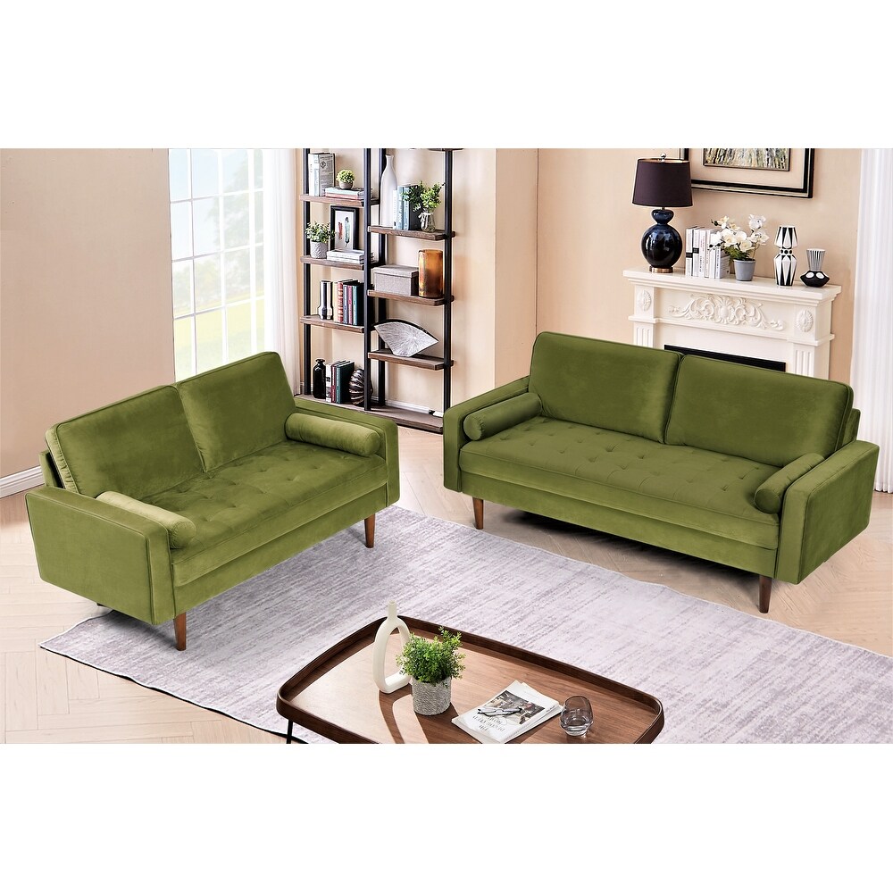 Monahan Wood Frame Velvet Tufted 2 PCS Living Room Set  Sofa   Loveseat