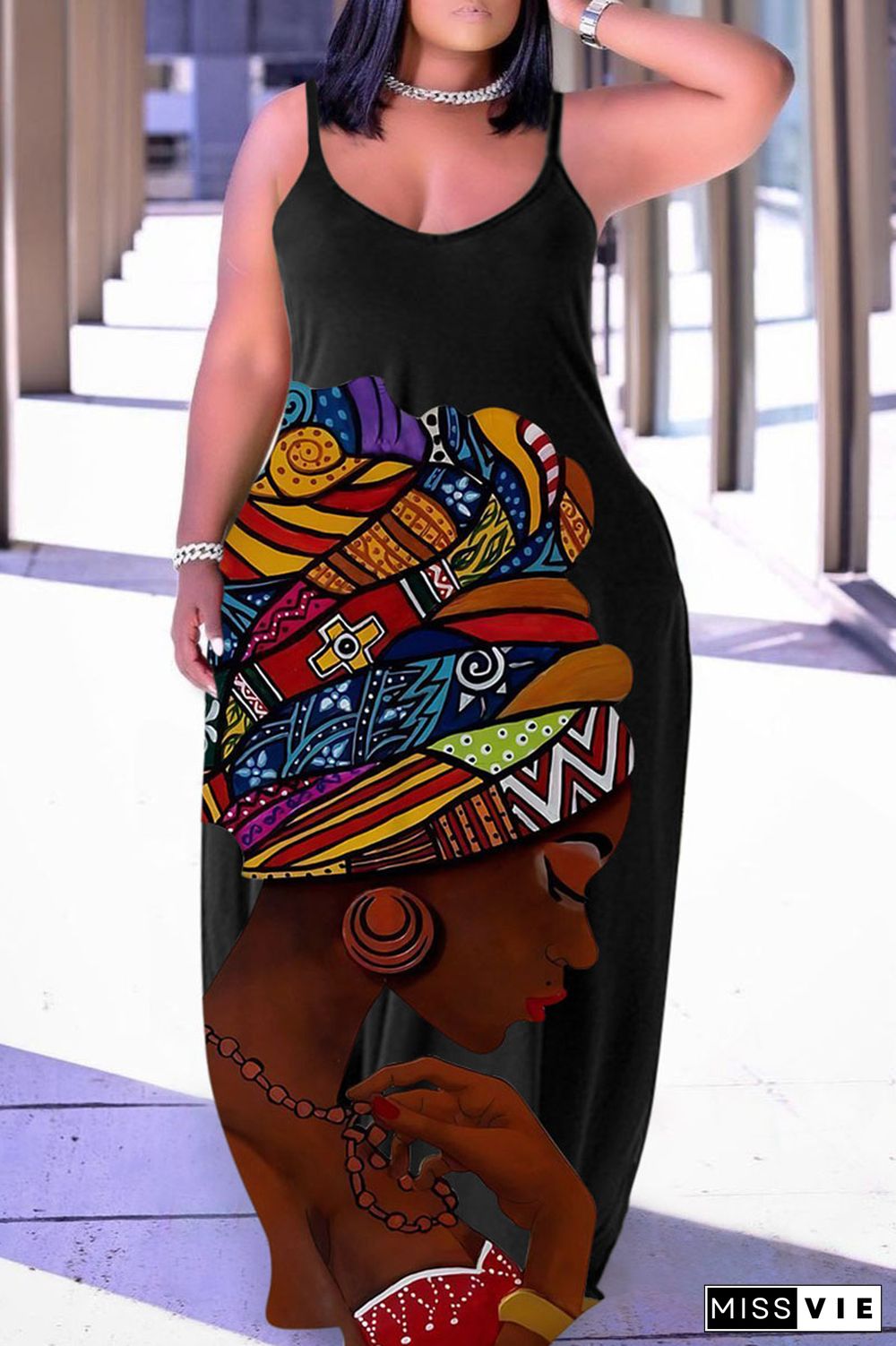 Black Brown Casual Street Print Patchwork Spaghetti Strap Lantern Skirt Plus Size Dresses