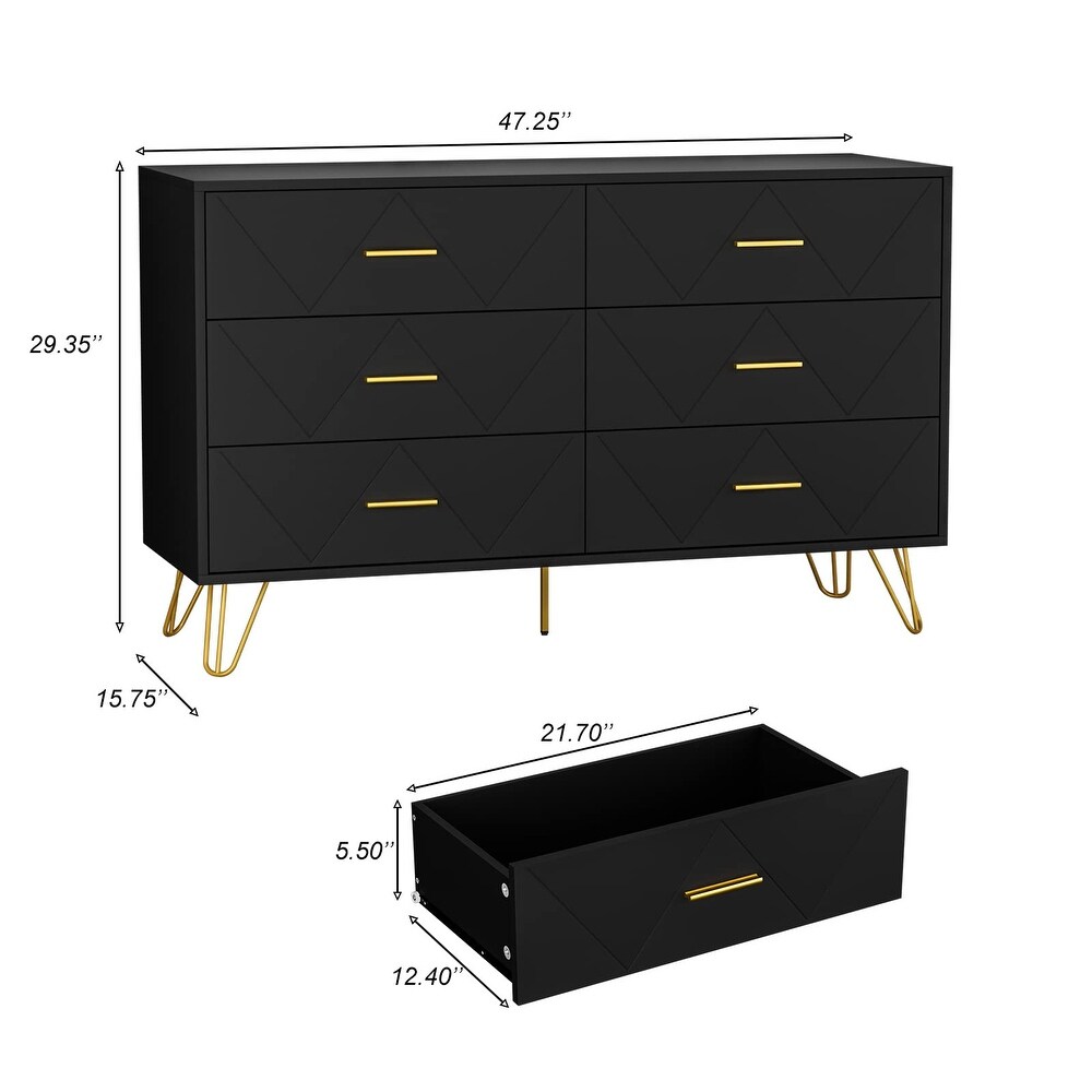 Black Dresser for Bedroom  Modern Dresser for Bedroom  6 Drawer Double Dresser with Drawers and Metal Handles  Wood Dressers