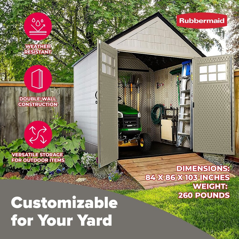 Rubbermaid 7x7 Ft Durable Weather Resistant Resin Outdoor Storage Shed  Sand   260