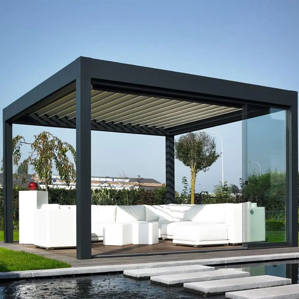 outdoor garden pergolas aluminum and PVC pergola  gazebo and arbors motorized automatize  bioclimatic solar pergola roof