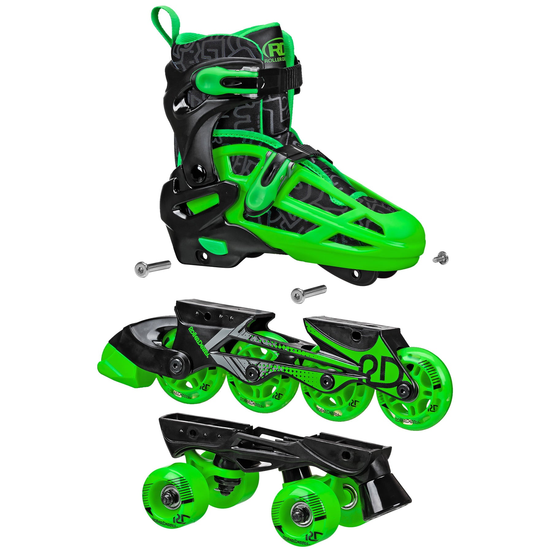 Roller Derby Boys 2-in-1 Roller/Inline Skates Black/Green, Size 3-6