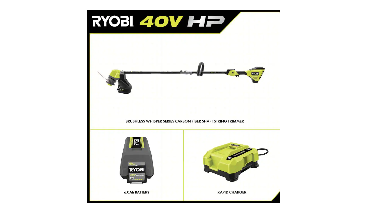 RYOBI RY402110VNM 40V HP Brushless Whisper Series 17 in. Cordless Battery Carbon Fiber Shaft String Trimmer w/ 6.0 Ah Battery and Charger