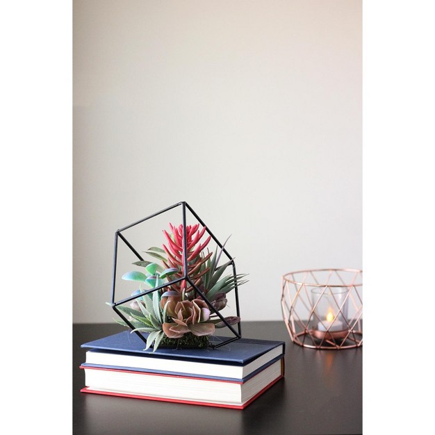 Succulent Artificial Arrangement In Black Wire Terrarium - Green/black