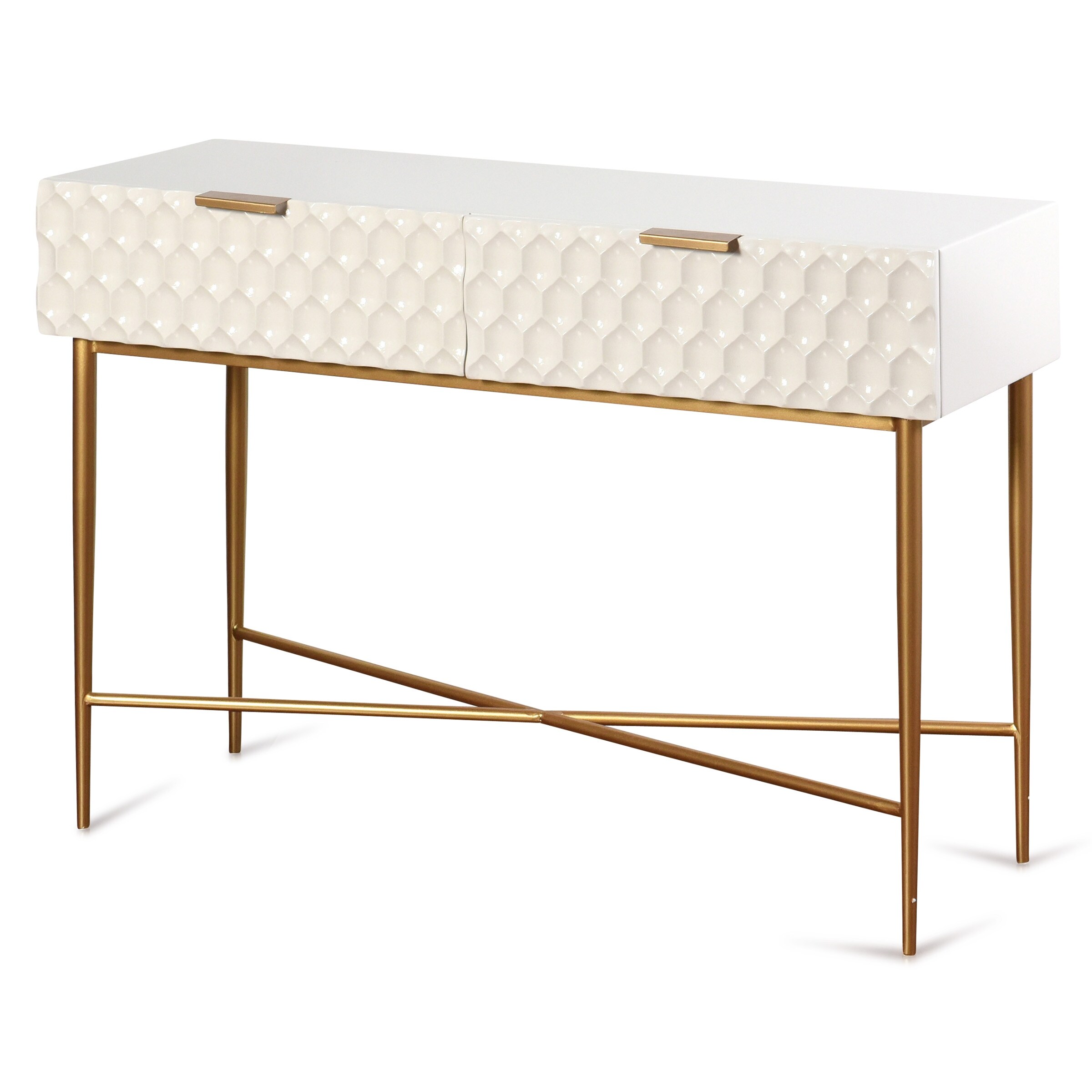 StyleCraft Glossy White Textured 2 Drawer Console Table with Gold Hardware