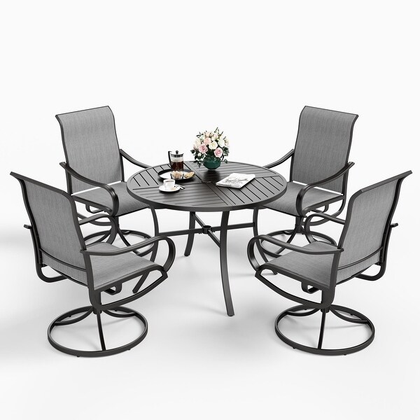 MAISON ARTS 5Piece Patio Dining Set of 4 Sling Swivel Chairs and 1 Round Ecoating Dining Table with Umbrella Hole