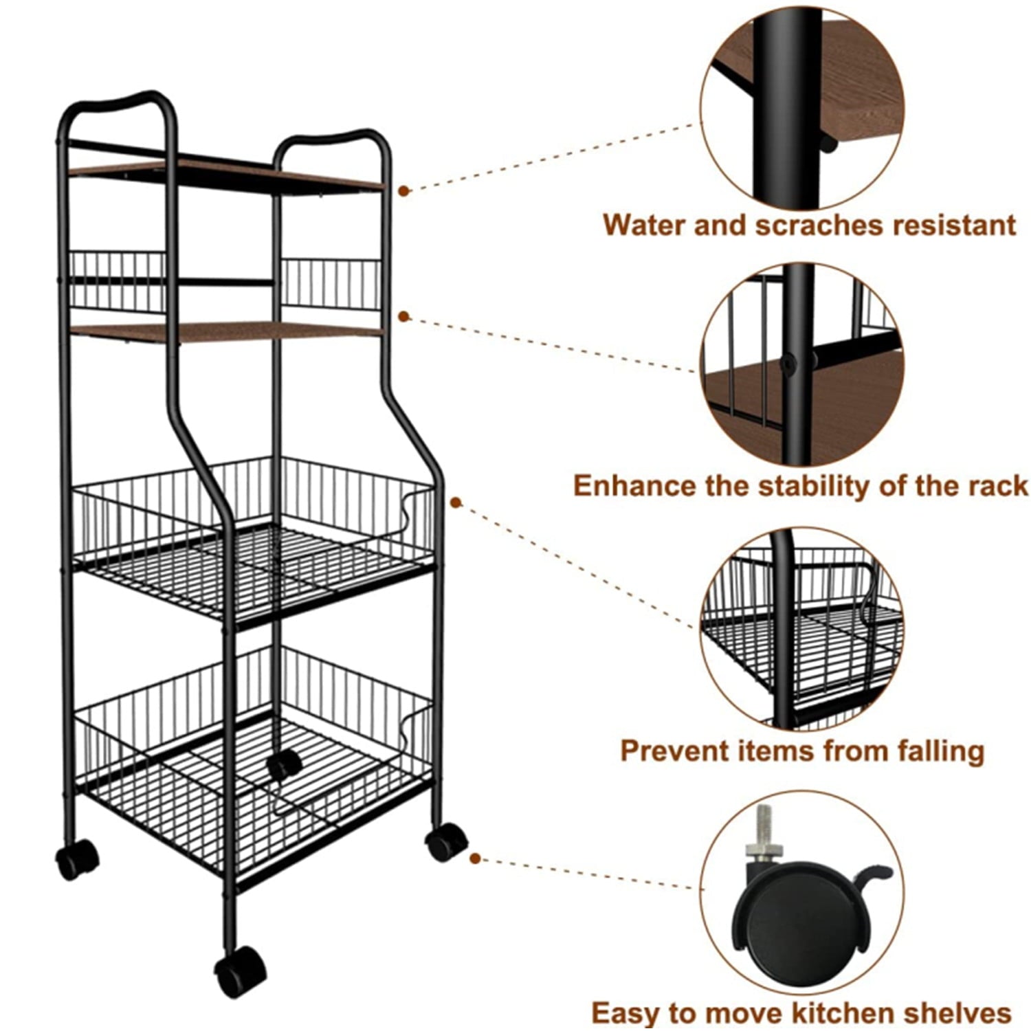 Nisorpa 4-Tier Kitchen Standing Shelf with Rolling Wheels， Baker Rack for Kitchen with Storage as Home Gift， Black