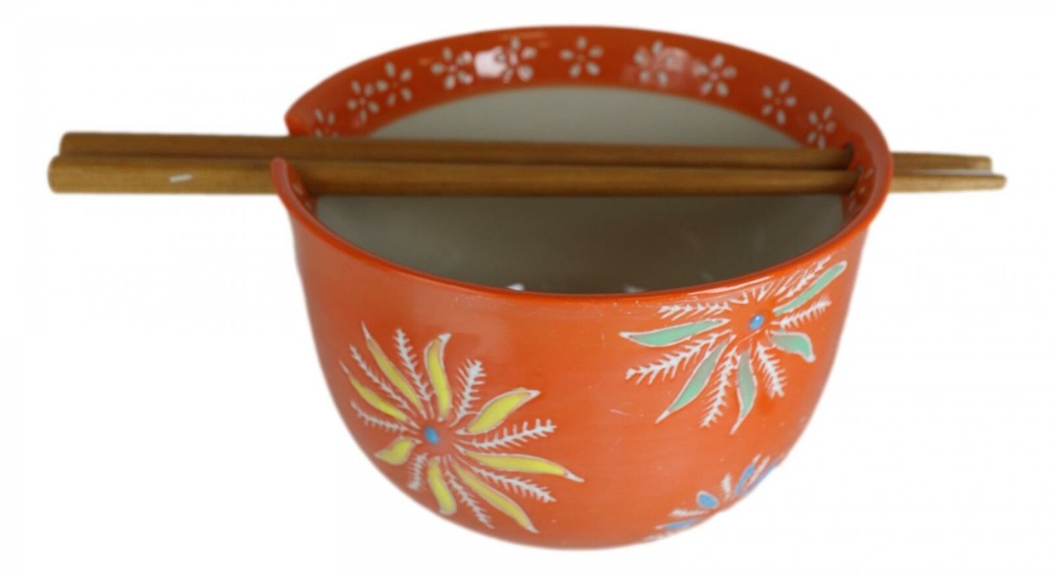 1 Ceramic Ramen Noodles Bowl Chopsticks Set Orange Flower Blossoms EBR02