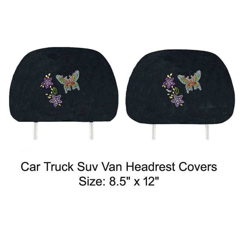 Set of 2(Two) Universal Fit Truck Car Seat Headrest Covers - Butterfly Crystal Studded Rhinestone