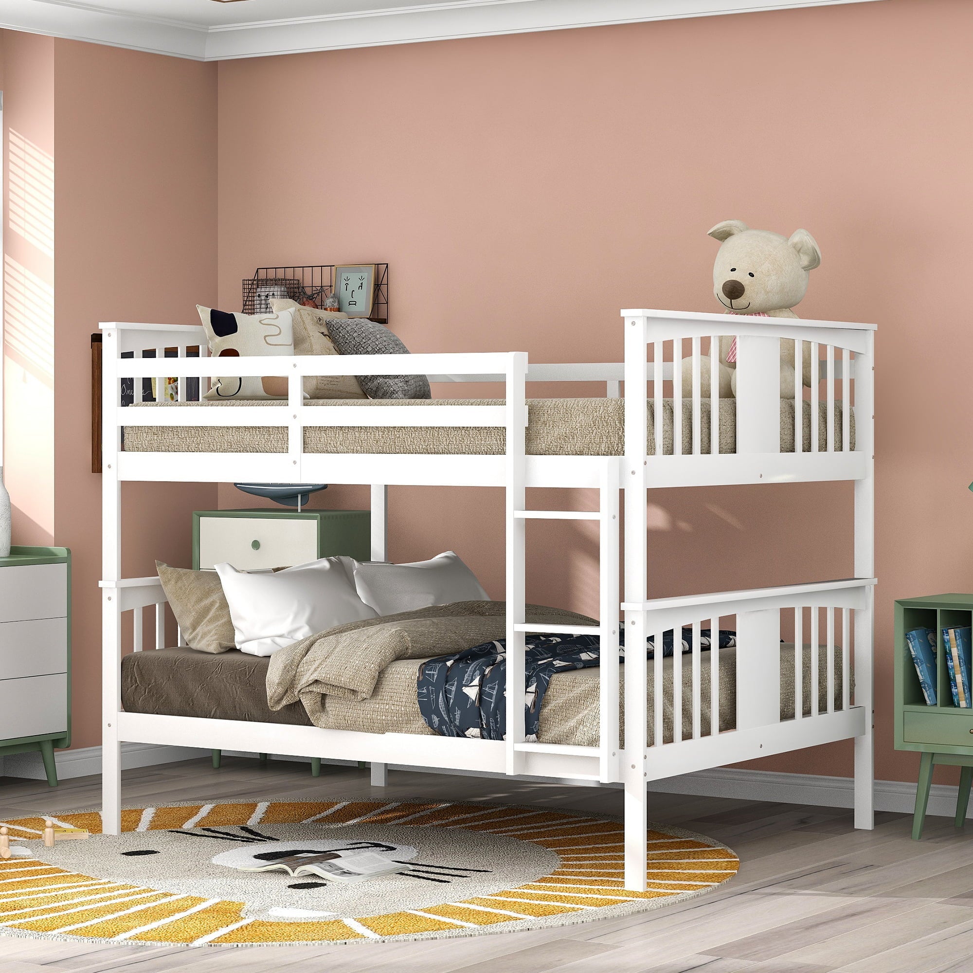 Churanty Wooden Full Over Full Bunk Bed with Safety Guardrail and Sturdy Ladder for Bedrooms Guest Rooms Dorms,White