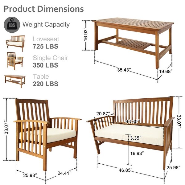 4 Piece Outdoor Patio Conversation Set with Soft Cushions and Coffee Table