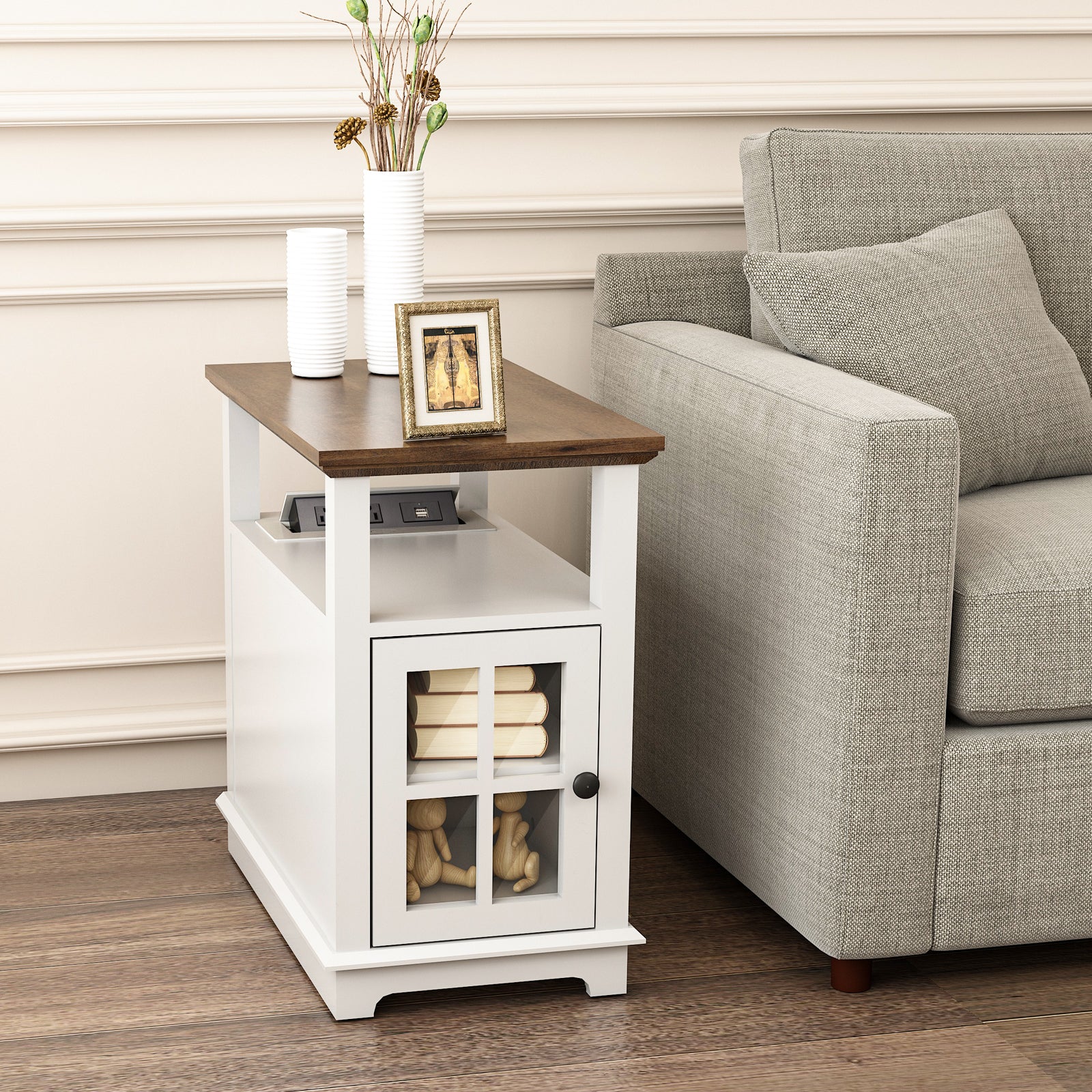 FAGAGA Accent End Side Table with Charging Station and Storage,Rectangle Nightstands with Built-in Outlets for Living Room,Bedroom,White